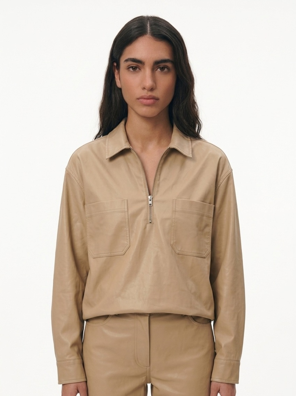 SAYLOR | Tan Vegan Leather 1/4 Zip Pullover Top Women’s Size Medium